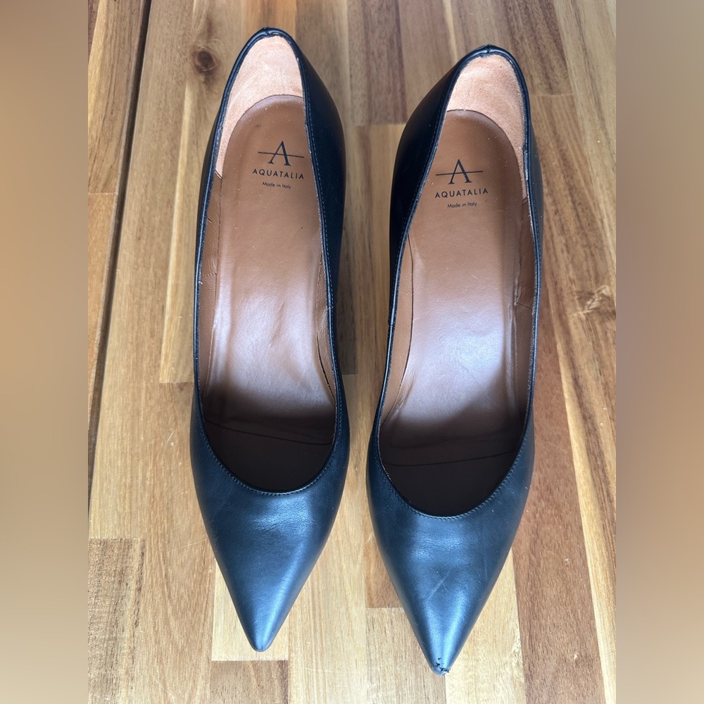 Aquatalia‎ Dark Black Leather Pointed Chunky Heels Women's size 10
